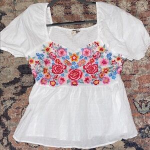 Savanna Jane White Peasant Top with Multicolor Floral Embroidery